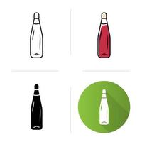 Alcohol beverage bottle with cork icons set. Party sweet aperitif drink. Bar, restaurant, winery tableware. Flat design, linear, black and color styles. Isolated vector illustrations