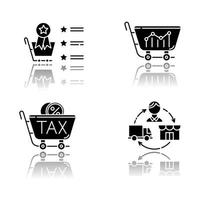 Trading drop shadow black glyph icons set. Marketing research. Best seller list, sell analytics, sales tax ID, dropshipping. Business organization. Product promotion. Isolated vector illustrations