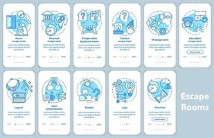 Escape room blue onboarding mobile app page screen set with linear concepts. Quest game classification, categories. Walkthrough graphic instructions. UX, UI, GUI vector template illustrations pack