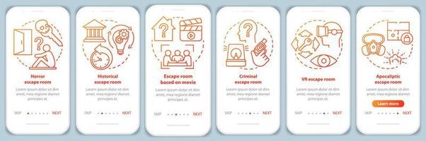 Escape room types onboarding mobile app page screen with linear concepts. Quest game red gradientncategories. Walkthrough graphic instructions. UX, UI, GUI vector template with illustrations