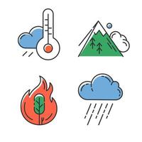 conjunto de iconos de colores de desastres naturales. cambios climáticos globales. pronóstico del tiempo, avalancha, incendio forestal, aguacero. peligros ambientales. fuerza destructiva de la naturaleza. ilustraciones de vectores aislados