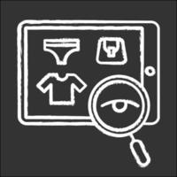 icono de tiza de producto de búsqueda. cliente de comercio electrónico haciendo compras en la tienda de Internet. cliente que busca productos en la aplicación en línea. consumismo y mercadería. ilustración de pizarra de vector aislado