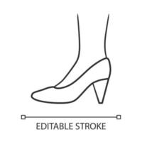 Cone heel shoes linear icon. Woman stylish formal footwear design. Female casual stacked high heels, pumps. Editable stroke. Thin line illustration. Contour symbol. Vector isolated outline drawing