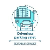 Driverless parking valet concept icon. Smart parking technology. City car-park. Stand for robotic vehicles idea thin line illustration. Vector isolated outline drawing. Editable stroke