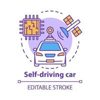 Self-driving car concept icon. Driverless, robotic automobile. Auto, microchip, satellite. Autonomous smart vehicle idea thin line illustration. Vector isolated outline drawing. Editable stroke