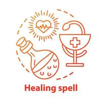 Healing spell concept icon. Apothecary and alchemy idea thin line illustration. Occult medicine, homeopathy, health elixir. Snake with bowl, heart and magic potion vector isolated outline drawing