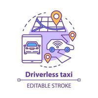 Driverless taxi concept icon. Robo-Cab. Navigation in autonomous car. Rout for self-driving vehicle. Mobile taxi service idea thin line illustration. Vector isolated outline drawing. Editable stroke