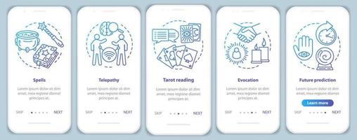 Magic services onboarding mobile app page screen vector template. Telepathy, evocation, fortune telling walkthrough website steps with linear illustrations. UX, UI, GUI smartphone interface concept