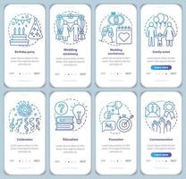 Special event management onboarding mobile app page screen with linear concepts. Party planner. Holiday celebration walkthrough graphic instructions. UX, UI, GUI vector templates set with illustration