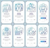 Special event management onboarding mobile app page screen with linear concepts. Party planner. Holiday celebration walkthrough graphic instructions. UX, UI, GUI vector templates set with illustration