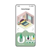 Home design and remodeling app smartphone interface vector template. Mobile page modern design layout. 3D room decorating. Virtual house planner. Application flat UI. Interior design. Phone display