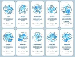 Magic spells onboarding mobile app page screen with linear concepts set. Witchcraft and sorcery walkthrough steps graphic instructions. UX, UI, GUI vector template with illustrations