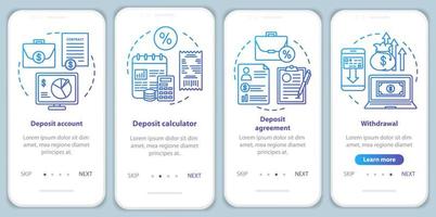 Bank deposit onboarding mobile app page screen vector template. Deposit account and agreement. Walkthrough website steps with linear illustrations. UX, UI, GUI smartphone interface concept