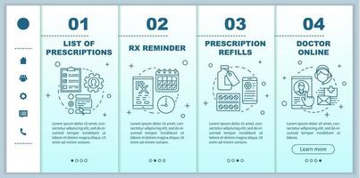 Online pharmacy, service onboarding mobile web pages vector template. Responsive smartphone website interface idea with linear illustrations. Webpage walkthrough step screens. Color concept