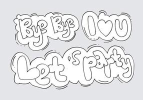 Collection of hand drawn speech bubbles with handwritten short phrases goodbye and let's party on gray background. vector