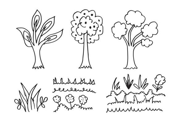 Doodle set of cartoon grass and trees.Landscape elements vector set isolated on white background.