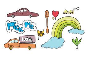 los niños dibujan a mano un juego de garabatos como coche, nube, arco iris, bandera, corazón, amor y letras pick me. vector
