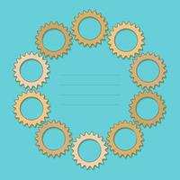 Vector tamplate frame gears. Colored round gear elements of the mechanism. Isolated details on white. Engineering mechanism, equipment