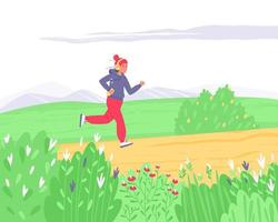 A young girl runs against the backdrop of countryside nature in headphones and with a phone in her hand vector