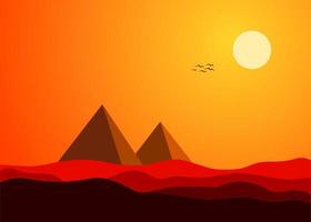 sunset at the desert with pyramid illustration vector design