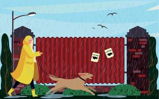 una mujer camina con un perro en el parque bajo la lluvia. concepto de recreación activa. ilustración vectorial vector