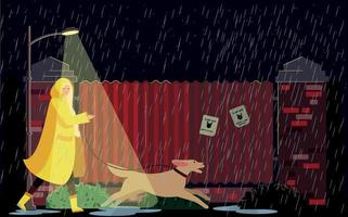 concepto de cuidado de mascotas. una mujer pasea a su perro a pesar del mal tiempo. tarde lluviosa. ilustración vectorial