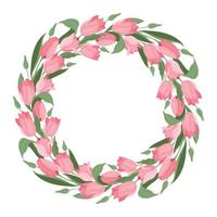 A wreath of tulips and leaves. Suitable for postcards and invitations. Vector