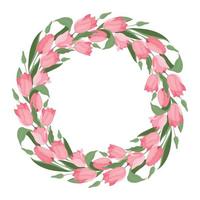 A wreath of tulips and leaves. Suitable for postcards and invitations. Vector