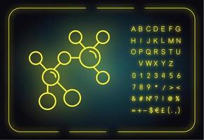 Atom modeling neon light icon. Crystal structure. Molecular ball and stick model. Organic chemistry elements. Glowing sign with alphabet, numbers and symbols. Vector isolated illustration