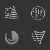 conjunto de iconos de tiza de gráfico y gráfico. diagrama circular gráfico piramidal. reloj polar infografía de embudo. estrategia de conversión de marketing. modelo de negocio, informe económico. Ilustraciones de vector pizarra