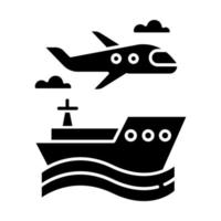 Transport industry glyph icon. Plane and ship. Boat on waves. Airplane in sky. Transportation, shipping. Travel, voyage. Cruise tour. Silhouette symbol. Negative space. Vector isolated illustration
