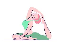 mujer practicando rajakapotasana ejercicio ilustración vectorial plana. practica de yoga chica sentada en una paloma rey de una pierna posa un personaje de dibujos animados aislado con elementos de contorno sobre fondo blanco vector