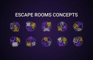 Escape rooms neon light concept icons set. Quest different themes, types idea. Strategy logical game collection. Puzzles and riddles solving pack. Glowing vector isolated illustration