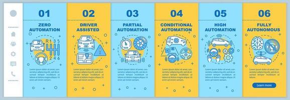 Driverless car stages onboarding mobile web pages vector template. Responsive smartphone website interface idea with linear illustrations. Webpage walkthrough step screens. Color concept