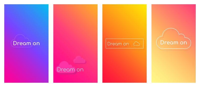 Dream on social media stories duotone template set. Gradient inspirational phrase web banner with text, content layout. Modern vibrant mobile app design. Blending colors with clouds mockup pack