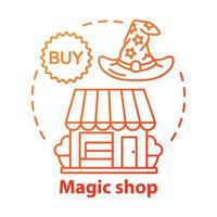 Magic shop concept icon. Witchcraft accessories sale idea thin line illustration. Esoteric souvenirs, supernatural items retail service. Wizard hat and store building vector isolated outline drawing