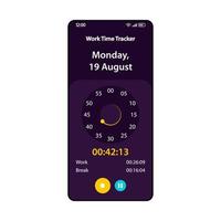 plantilla de vector de interfaz de teléfono inteligente de seguimiento de horas de trabajo. diseño negro de la página de la aplicación de seguimiento de tiempo móvil. pantalla de widget de seguimiento de tiempo de empleados. interfaz de usuario plana para la aplicación. seguimiento del tiempo de trabajo. pantalla del teléfono