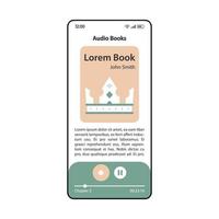 Audio books app smartphone interface vector template. Mobile application page modern design layout. Audiobooks player screen. Ebook reader flat UI. Books listening widget. Phone display