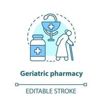 Pharmacy concept icon. Geriatric patient treatment idea thin line illustration. Elderly diseases medication therapy. Healthcare for seniors. Vector isolated outline drawing. Editable stroke