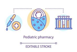 Pediatric pharmacy concept icon. Children medication treatment idea thin line illustration. Vaccination and illness medicine for babies. Young age prescription. Vector isolated drawing Editable stroke