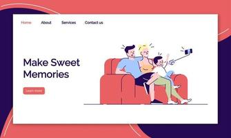 Make sweet memories landing page vector template. Family taking selfie stick picture website interface idea with flat illustrations. Self portrait homepage layout. Web banner, webpage cartoon concept