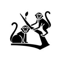 Monkeys in jungle glyph icon. Tropical country animals, mammals. Exploring exotic Indonesia wildlife. Primates sitting. Silhouette symbol. Negative space. Vector isolated illustration