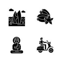 Indonesia glyph icons set. Tropical country seaside. Vacation in Indonesian islands. Exploring exotic traditions, culture. Unique fruits. Bali culture. Silhouette symbols. Vector isolated illustration