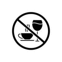 Caffeine and alcohol refusal glyph icon. Deny wine and coffee. Stop sign with beverages. Anxiety and insomnia prevention. Silhouette symbol. Negative space. Vector isolated illustration