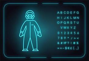 icono de luz de neón de traje protector. industrias químicas riesgo biológico, protección radioactiva. seguridad del trabajador. química Orgánica. signo brillante con alfabeto, símbolos. ilustración vectorial aisladac vector