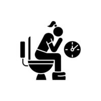 Constipation glyph icon. Menstruation pain. Period problem. Girl with hemorrhoids in lavatory. Woman on toilet. Digestive tract problem. Silhouette symbol. Negative space. Vector isolated illustration