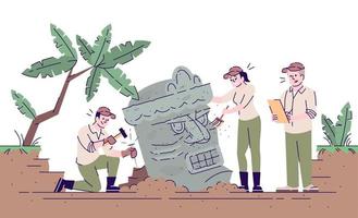 Ancient culture archeological study flat vector illustration. Old civilization analyze. Archaeologists researching sculpture isolated cartoon characters with outline elements on white background