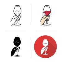 Barman holding glass of wine icons set. Winery, sommelier. Alcohol beverage, aperitif drink. Wineglass, glassware. Flat design, linear, black and color styles. Isolated vector illustrations