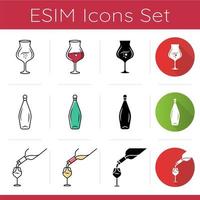 Winery icons set. Sommelier, barman. Aperitif, alcohol, cocktail. Pub glassware. Party, celebration, event tableware. Flat design, linear, black and color styles. Isolated vector illustrations