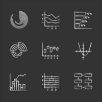 Chart and graph chalk icons set. Horizontal histogram. Area chart. Function curve. Radial diagram. Pareto curve. Figure chart. Data connection and wiring. Isolated vector chalkboard illustrations